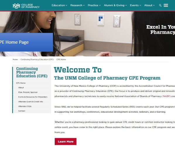 Continuing Pharmacy Education Website Mock-Up Example